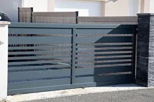 High View Prints: sliding gray gate steel big grey metal portal fence on modern house street