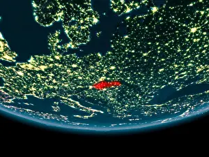 City Lights Prints: Slovakia at night highlighted in red on planet Earth