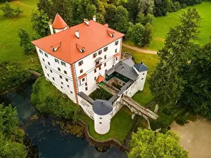 White Castle Prints: Slovenia Sneznik Castle (Grad Snežnik ) located in Loska Dolina. Aerial Drone View