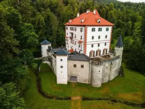 White Castle Prints: Slovenia Sneznik Castle (Grad Snežnik ) located in Loska Dolina. Aerial Drone View