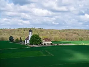 Small church with cemetery in the middle of blooming fruit trees and fields captured with a drone in spring