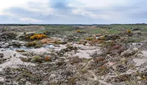A small fast stream Kamenka in the wilderness in the evening light in Ukraine. Aerial panoramic drone shot