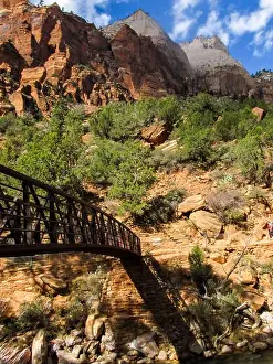 Towering Prints: Small footbridge crossing the Virgin River in Zion National Park in Utah