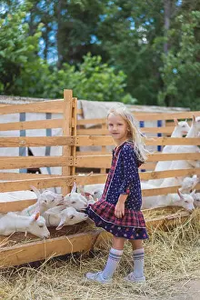 Pre Adolescent Child Prints: small goats biting kids dress at farm