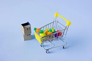 Shopper Prints: A small grocery cart with fruit and boxes of goods on a purple background