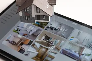Things Prints: Small house model is on screen tablet and icons home electronics devices connecting with wireless