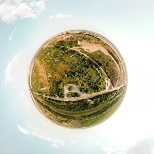 360 Degree Panorama Prints: Small planet with a view of a sand quarry and a city under the blue sky in Moldova