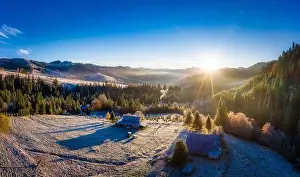 Dzembronya Prints: Small village in a mountain valley of the Carpathian Mountains on an autumn day in Ukraine in the village of Dzembronya