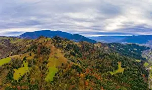 Dzembronya Prints: Small village in a mountain valley of the Carpathian Mountains on an autumn day in Ukraine in the village of Dzembronya