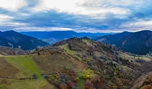 Dzembronya Prints: Small village in a mountain valley of the Carpathian Mountains on an autumn day in Ukraine in the village of Dzembronya