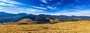 Dzembronya Prints: Small village in a mountain valley of the Carpathian Mountains on an autumn day in Ukraine in the village of Dzembronya