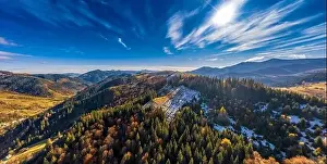 Dzembronya Prints: Small village in a mountain valley of the Carpathian Mountains on an autumn day in Ukraine in the village of Dzembronya