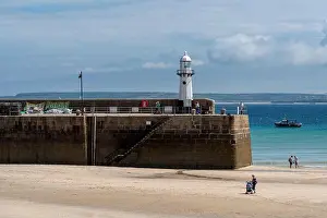 Low Tide Prints: Smeatons Pier Lighthouse, St Ives harbour at low tide, Cornwall, UK