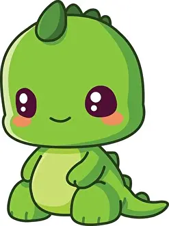 Chibi Prints: Smiling green baby dino dinosaur sitting in a chibi style