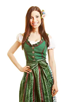 Oktoberfest Prints: Smiling happy bavarian woman in green dirndl dress