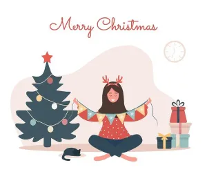 Garland Prints: Smiling islamic woman in hijab decorating Christmas tree. New year vintage postcard