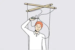 Manipulate Prints: Smiling man with scissors cut ropes free himself from manipulation
