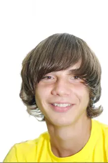 Waist Prints: smiling young man with long curly hair on a white background