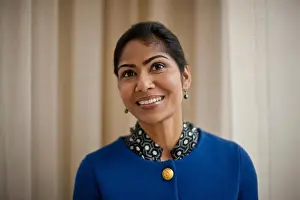 Forties Prints: Smiling young woman looks hopeful as she waits to be called for her job interview
