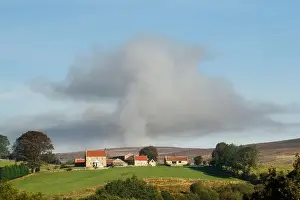 Smoke plume billowing up over moorland behind a farmhouse due to heather burning as part of red grouse habitat