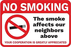Neighbors Prints: No smoking sign or poster. Horizontal red and white area signage crossed out cigarette and text No smoking