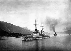 The SMS Kaiser and SMS Friedrich der Grosse arrive in the Norwegian town of Balholm to attend the unveiling ceremony of