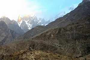 Boulders Prints: Snow capped mountains in Hunza Valley at sunrise Gilgit-Baltistan Pakistan