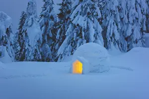 Snow igloo luminous from the inside in the winter Carpathian mountains. Snow-covered firs in the evening light in the background