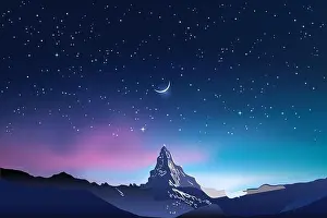 Snowy mountains, pink and blue night sky landscape with stars