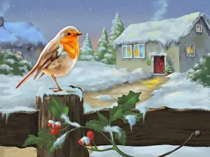 Snowy winter landscape with an european robin perched on a wood pole. Digital painting