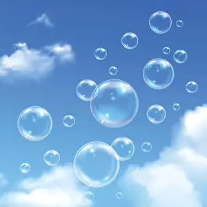 Shampoo Prints: Soap bubbles soaring outdoor on sunny summer day realistic image poster with blue cloudy sky background vector