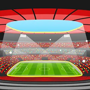 Scoreboard Prints: Soccer stadium during sports match. Football arena field
