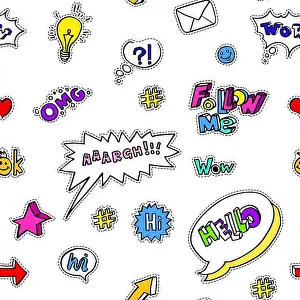 Communication Network Prints: Social media slang and signs, icons and emoji stickers