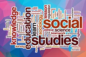 Benefit Prints: Social studies word cloud concept with abstract background