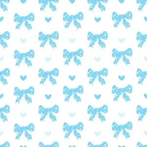 Knot Prints: Soft blue polka dots bow. Coquette Seamless pattern decorative bow-knot ribbon and hearts on white background