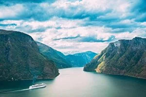 Images Dated 13th June 2019: Sogn And Fjordane Fjord, Norway. Tourist Ship Ferry Boat Liner Floating In Amazing Fjord Sogn Og