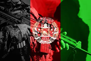 Refugee Prints: Soldier with machine gun with national flag of Afghanistan