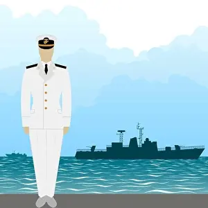 Soldier in uniform of military seaman on a background of warships. The illustration on a white background