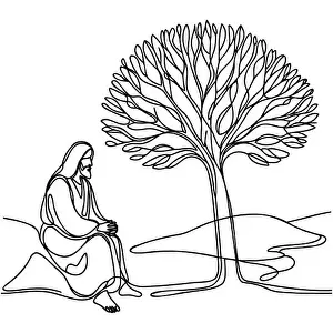 One solid line depicts Jesus Christ sitting under a tree. Isolated outline on a white background. Vector illustration