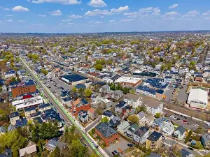 Art Building Prints: Somerville city center aerial view on Beacon Street in spring