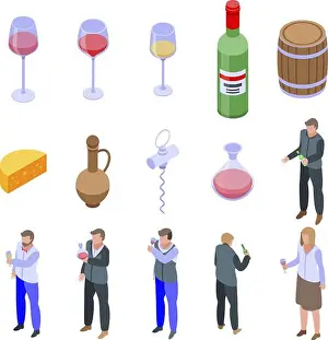 Tasting Prints: Sommelier icons set. Isometric set of sommelier vector icons for web design isolated on white background
