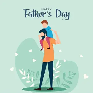 Fathers Day Prints: son on his father shoulders on green background
