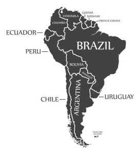 Districts Prints: South America continent map with countries and labels black