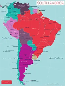 Bolivia Prints: South America detailed editable map with countries capitals cities and towns