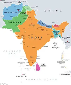 Bhutan Prints: South Asia, multi colored political map. Southern Asia, a subregion of the Asian continent