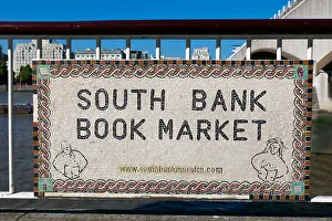 Railings Prints: South Bank Book Market mosaic sign, Southbank, London, UK