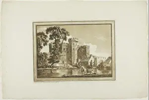 Aquatint Prints: The South Gate of Cardiff Castle in Glamorgan Shire