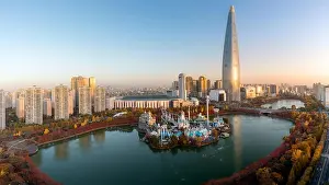 South Korea skyline of Seoul, The best view of South Korea with Lotte world mall at Jamsil in Seoul. Tourism, summer holiday, or sightseeing Seoul lan