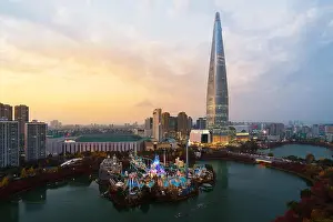 South Korea skyline of Seoul, The best view of South Korea with Lotte world mall at Jamsil in Seoul