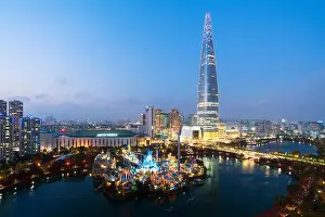 South Korea skyline of Seoul, The best view of South Korea with Lotte world mall at Jamsil in Seoul